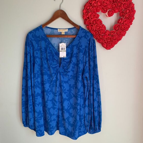 Michael Michael Kors Keyhole V-Neck Blouse Stretch Plus Size 1X in Grecian Blue - Picture 1 of 10